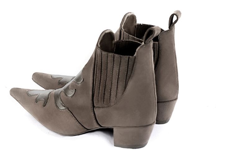 Taupe brown women's ankle boots, with elastics. Pointed toe. Low flare heels. Rear view - Florence KOOIJMAN